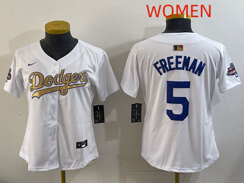 Women Los Angeles Dodgers #5 Freeman White Champion edition Nike MLB Jersey style 001->women mlb jersey->Women Jersey
